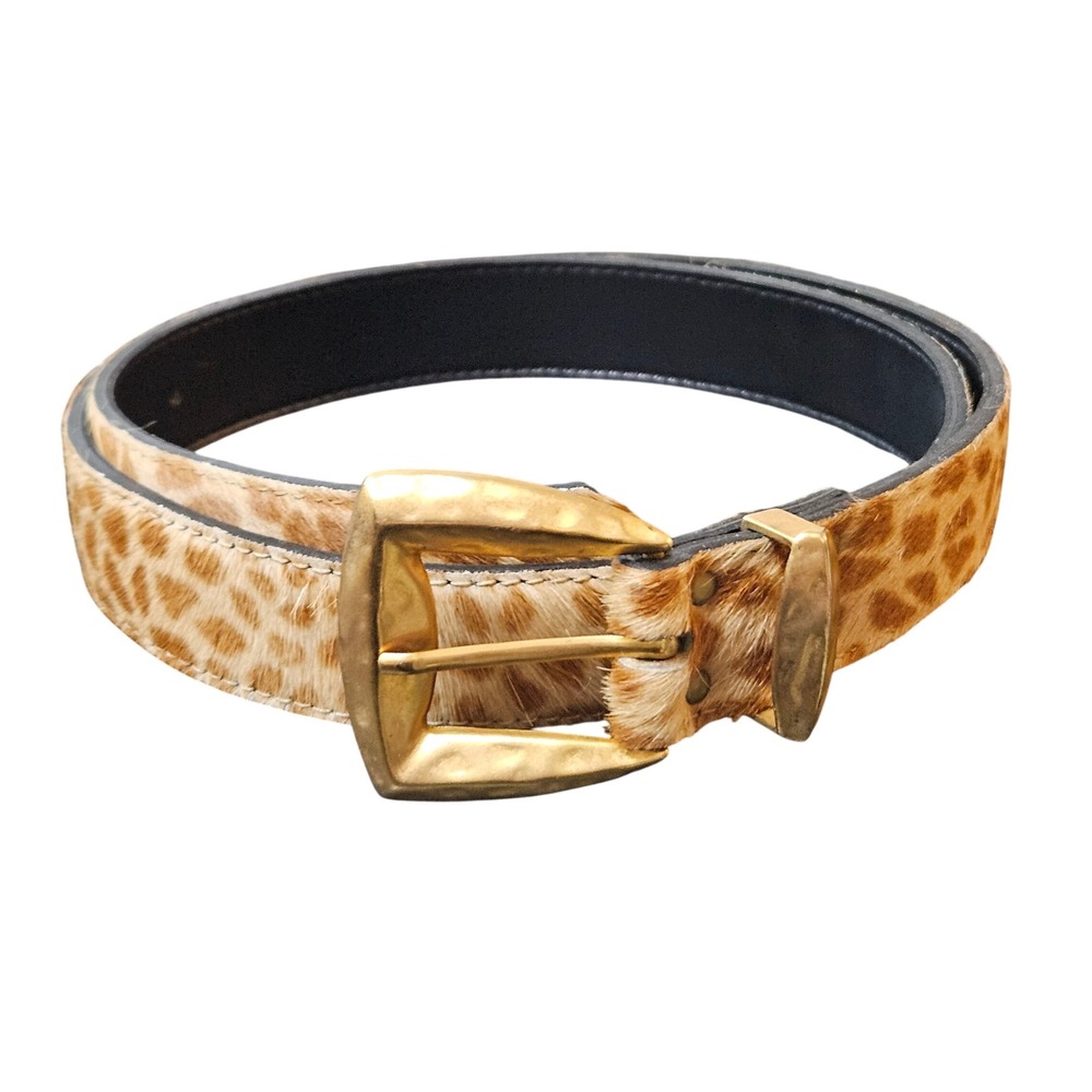 Elite Fresno California Leopard Print Calf Hair Belt Gold Hammered Buckle 1 XL - Picture 4 of 5